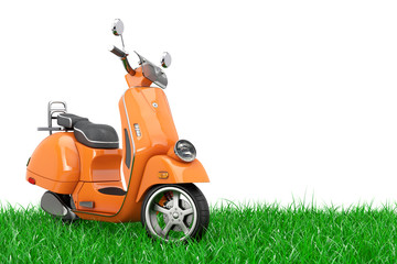 Poster - Orange Classic Vintage Retro or Electric Scooter in Green Grass. 3d Rendering