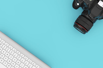 Poster - Modern Digital Photo Camera with Computer Keyboard. 3d Rendering