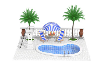 Poster - Vacation Concept. Isometric Water Pool, Mini Bar and Palms. 3d Rendering