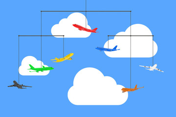 Poster - Set of Colorful Jet Passenger's Airplanes Rope Hanging. 3d Rendering