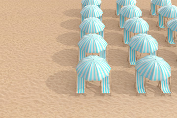Leinwandbilder - Rows of Striped Blue Beach Chairs with Umbrellas on a Beach Sand. 3d Rendering