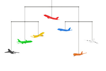 Poster - Set of Colorful Jet Passenger's Airplanes Rope Hanging. 3d Rendering
