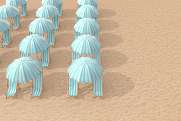 Poster - Rows of Striped Blue Beach Chairs with Umbrellas on a Beach Sand. 3d Rendering