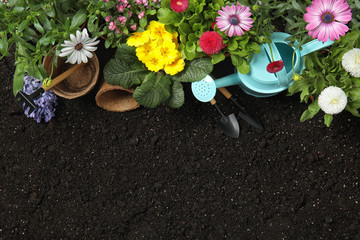 Wall Mural - Flat lay composition with gardening equipment and flowers on soil, space for text