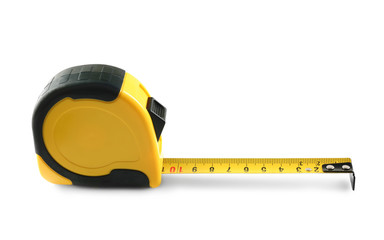 Metal measuring tape on white background. Construction tool