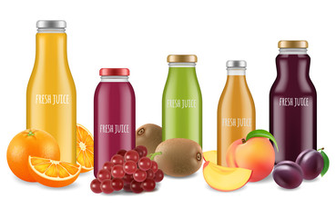 Poster - Fresh juice set and fruits vector illustration. Juice fresh, fruit healthy drink beverage