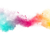 Fototapeta Tęcza - Abstract multicolored powder explosion on white background.Colorful dust explode. Painted Holi powder festival.