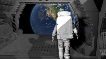 Wall Mural - Alone astronaut walking in a futuristic sci fi corridor admiring the view of the earth.   Elements of this image furnished by NASA..