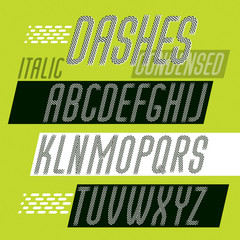 Fototapete - Vector condensed upper case modern alphabet letters set. Rounded bold italic retro font, typescript for use in logo design, newspaper. Made with parallel dashed lines.