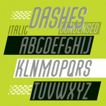Vector condensed upper case modern alphabet letters set. Rounded bold italic retro font, typescript for use in logo design, newspaper. Made with parallel dashed lines.