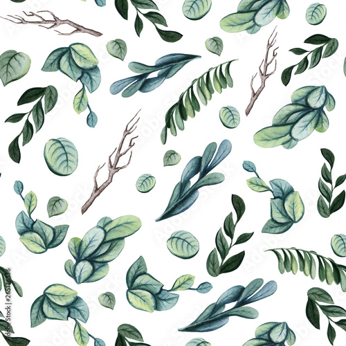 Seamless Pattern of Watercolor Herbs and Tree Branches