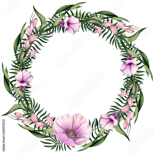 Wreath with Watercolor Ferns, Flowers and Berries