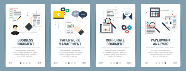 Vector set of vertical web banners with business document, paperwork management, corporate document, paperwork analysis. Vector banner template for website and mobile app development with icon set.