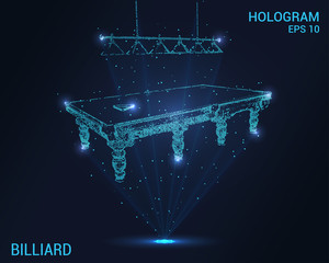Hologram Billiards. A holographic projection of a pool table. Flickering energy flux of particles. The scientific design of the billiard.
