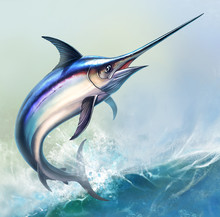 Swordfish Against Ocean Waves Background. Marlin Jumps Out Of The Water. Fishing On The High Seas Is A Big Marlin Sword.