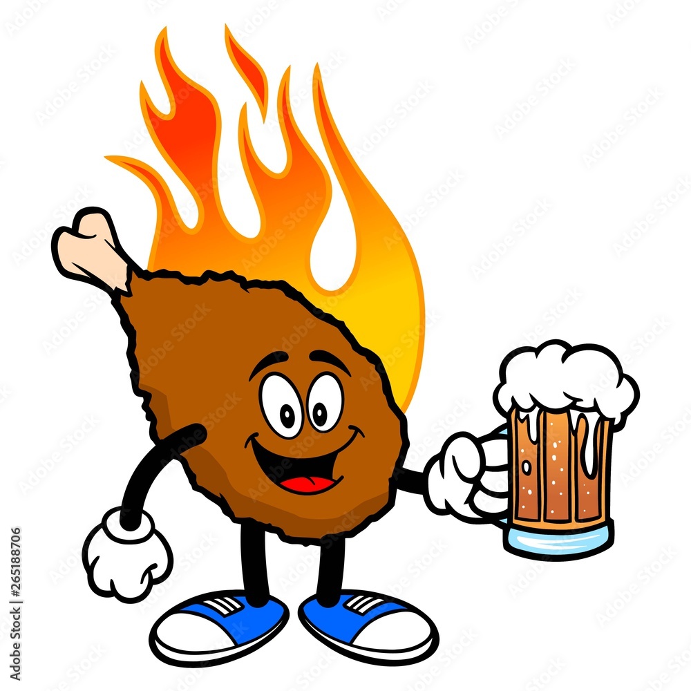 Hot Wing Mascot with Beer - A cartoon illustration of a flaming Buffalo Wing  Mascot. Stock Vector | Adobe Stock, image size:1000x1000