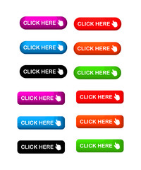Wall Mural - click here colorful button set. icons web isolated on white background. vector illustration.