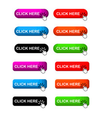 Wall Mural - click here colorful button set. icons web isolated on white background. vector illustration.