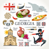 Fototapeta  - Georgian traditional symbols and sights set collection with food architecture government symbols ornament and traditional culture vector illustration