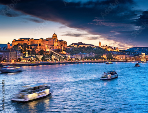Colorful sunset over the Royal Castle in Budapest, Hungary