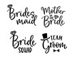 Wedding lettering set. Black hand lettered quotes with diamond rings for greeting cards, gift tags, labels. Typography collection. Love concept. Isolated vector illustrations. Broom and bride design.