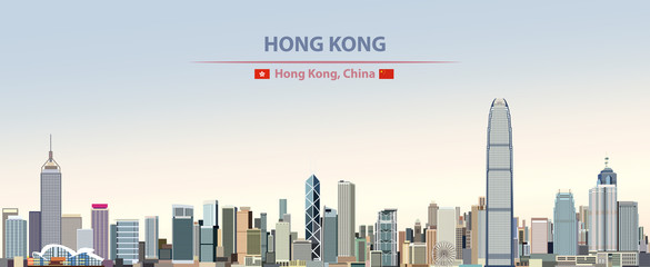 Fototapete - Vector illustration of Hong Kong city skyline on colorful gradient beautiful daytime background