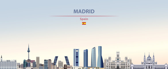 Fototapete - Vector illustration of Madrid city skyline on colorful gradient beautiful daytime background