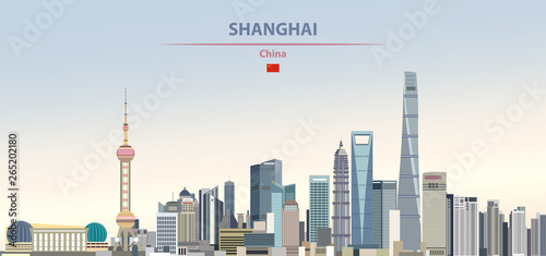 Vector illustration of shanghai city skyline on colorful gradient beautiful dayt Canvas Print