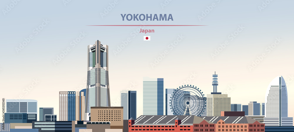Vector illustration of Yokohama city skyline on colorful gradient beautiful daytime background - obrazy, fototapety, plakaty 