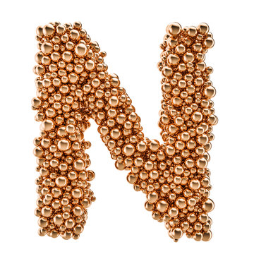 Golden letter N from gold balls, 3D rendering