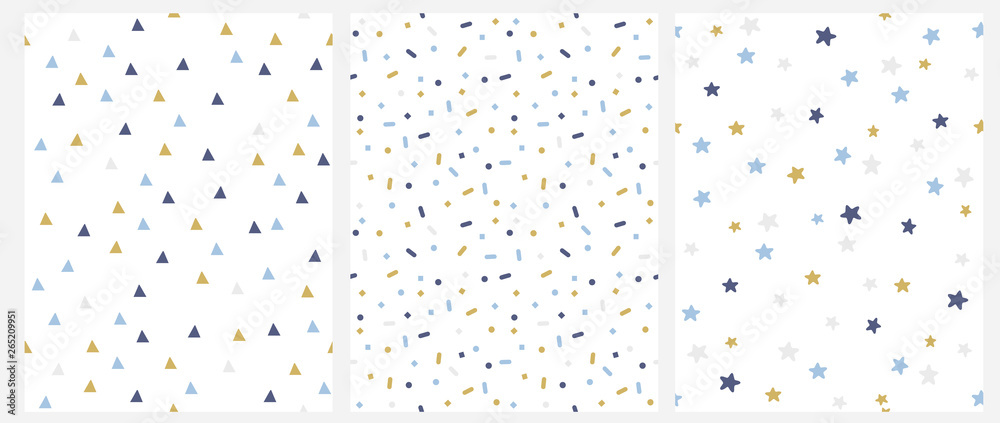 Set of 3 Geometric Seamless Vector Pattern with Blue, Gold and Gray Dots, Triangles, Stars Isolated on a White Background. Simple Lovely Confetti Rain. Bright Starry Layout. Cute Doted Vector Design. - obrazy, fototapety, plakaty 