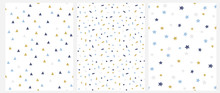 Set Of 3 Geometric Seamless Vector Pattern With Blue, Gold And Gray Dots, Triangles, Stars Isolated On A White Background. Simple Lovely Confetti Rain. Bright Starry Layout. Cute Doted Vector Design.