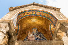 Athens, Greece. Mosaic Of The Madonna And Child At The South Portico Of The Church Of Panagia Kapnikarea, A Greek Orthodox Church