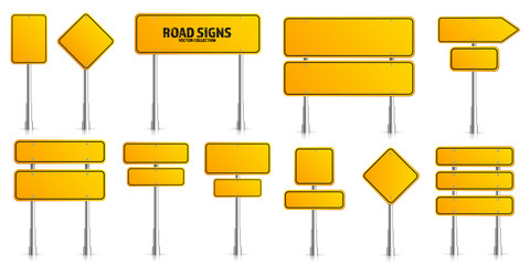 Wall Mural - Road yellow traffic signs set. Blank board with place for text. Mockup. Isolated information sign. Direction. Vector illustration.