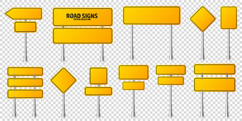 Wall Mural - road yellow traffic signs set. blank board with place for text. mockup. isolated information sign. d