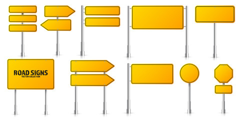 Wall Mural - road yellow traffic signs set. blank board with place for text. mockup. isolated information sign. d