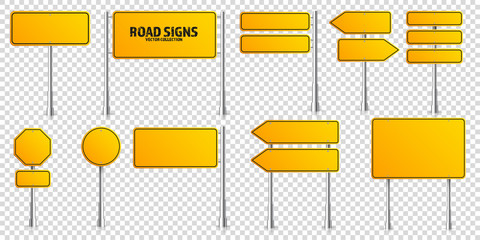 Wall Mural - road yellow traffic signs set. blank board with place for text. mockup. isolated information sign. d