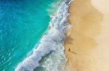 Beach As A Background From Top View. Waves And Azure Water As A Background. Summer Seascape From Air. Bali Island, Indonesia. Travel - Image