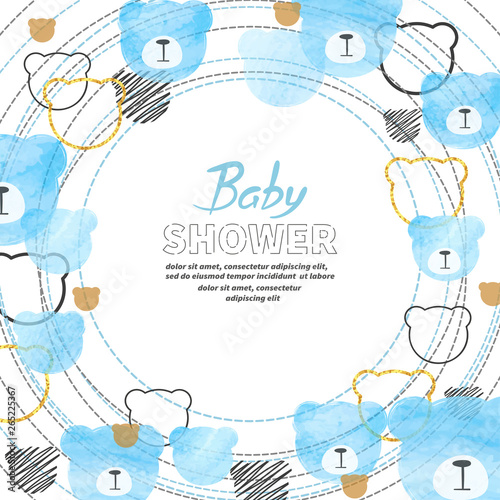 Baby Shower boy card design with abstract watercolor blue bears.