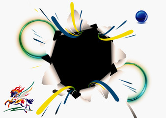 Poster - 3d Rendering Illustration Of A Shattered White Paper With A Blue Ball And A Drawn Logo Horse On the Side