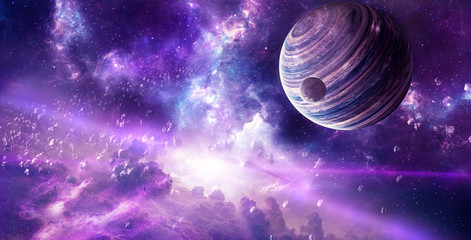 Poster - abstract artistic planet horizon in a colorful nebula galaxy background