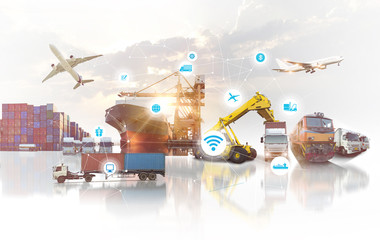 World map with logistic network distribution on background. Logistic and transport concept in front Logistics Industrial Container Cargo freight ship for Concept of fast or instant shipping Online