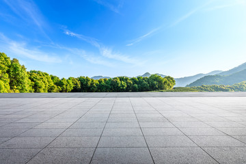 Empty square floor and green mountain natural landscape