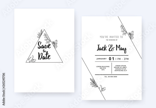Minimalist wedding invitation card template design, foliage line art ink draw...