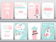 Set Of Birthday Cards,poster,invitation,template,greeting Cards,animals,dog,puppy,cute,Vector Illustrations