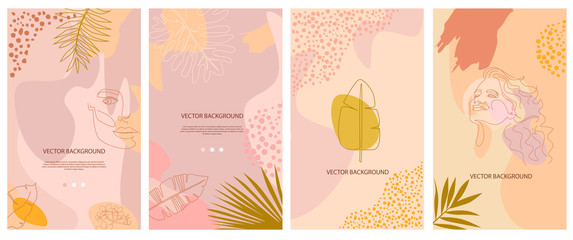 set of abstract background with tropical elements, shapes and girl portrait in one line style. backg