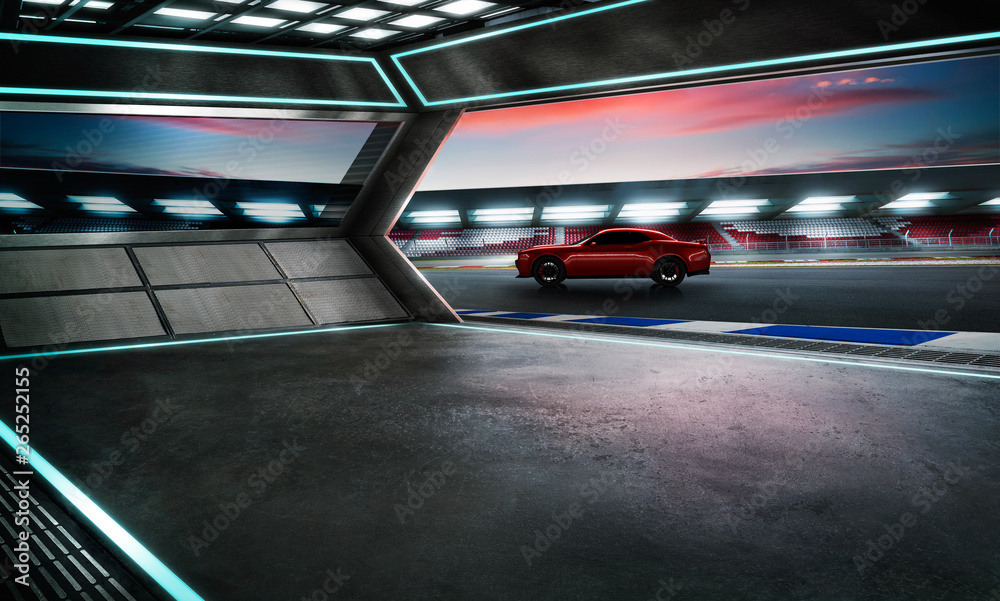 Sport red car parked on outside race car garage with international race ...
