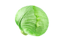 Whole Head Of Green Leafy Cabbage On White Background Isolated Close Up, Round Ripe White Headed Cabbage, Fresh Vegetable Design Element, Organic Product Illustration, Studio Shot