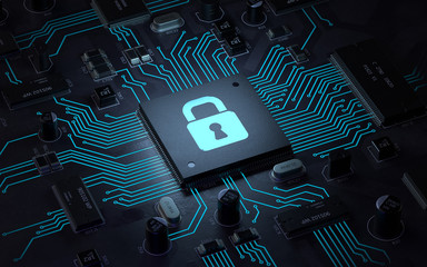 Wall Mural - security lock symbol on circuit board.3d rendering,conceptual image.