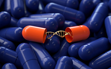 Poster - medical capsules with dna molecule, 3d rendering,conceptual image.